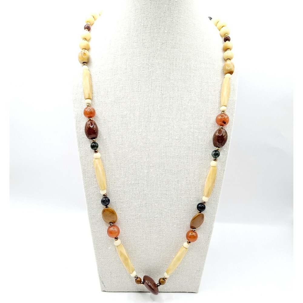 Vintage Beggars Bead Necklace Polished Stone Fall Earth Tones 28" - Picture 3 of 13